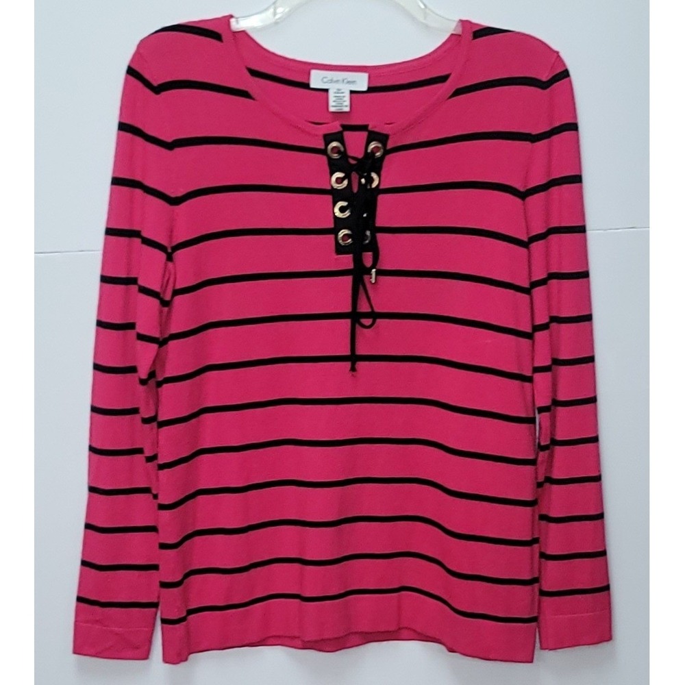 Calvin Klein Pink & Black Striped Crew-Lace Up Neck Top S Office Work Retro Chic